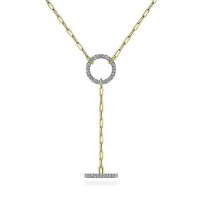 14K Yellow Gold Diamond Circle And Bar Y-Knot Necklace With Paperclip Chain