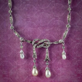 Antique Edwardian Pearl Paste Love Knot Lavaliere Necklace Silver Circa 1905