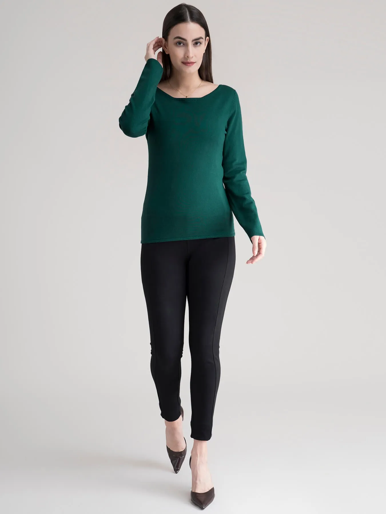 Boat Neck Knit Sweater - Bottle Green