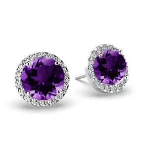 Diamond Amethyst Halo Stud Earrings 18K White Gold Push Back