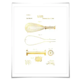 Egg Whisk Patent Drawing Illustration Gold Foil Art Print. 7 Foil Colours. Vintage Poster Cooking Baking Kitchen Chef