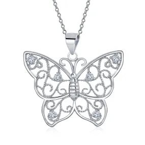 Garden Dangling Butterfly Necklace Pendant Two Tone  Rose Gold Plated Silver