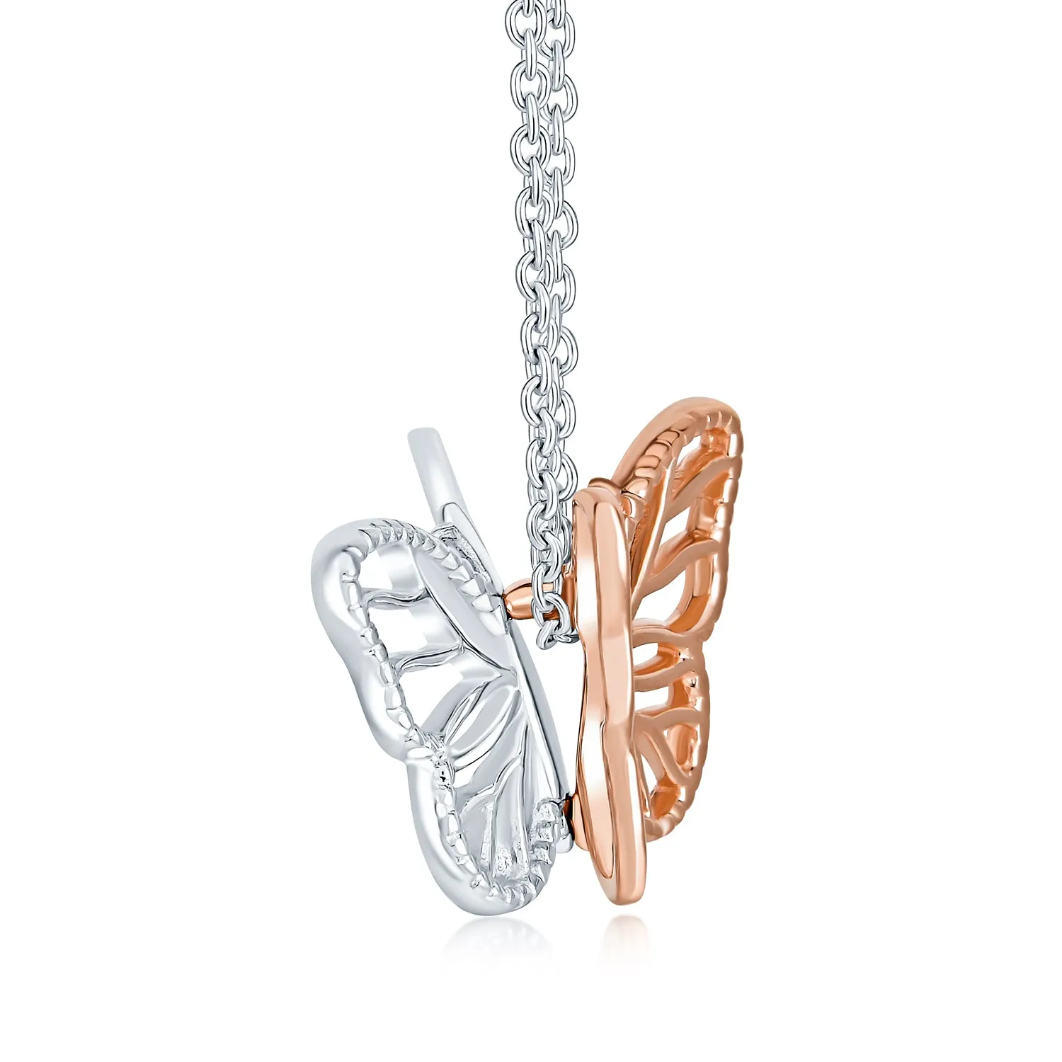 Garden Dangling Butterfly Necklace Pendant Two Tone  Rose Gold Plated Silver