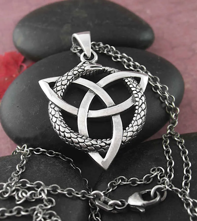 Interwoven Ouroboros and Celtic Triquetra Knot Pendant