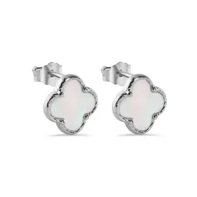 Rhodium Plated 925 Sterling Silver Synthetic Pearl Four Leaf Clover 8.2mm Stud Earring