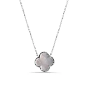 Rhodium Plated 925 Sterling Silver Synthetic Pearl Four Leaf Clover Adjustable Necklace