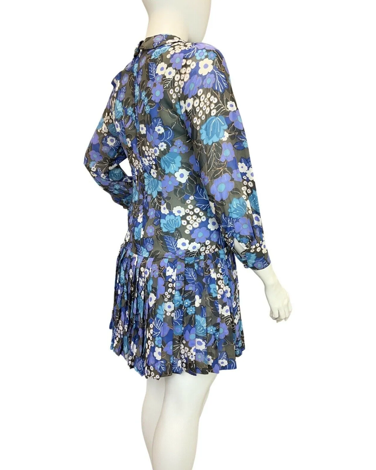 VINTAGE 60s 70s BLUE GREY BLACK FLORAL SHEER PLEATED MOD DROP-WAIST DRESS 14 16