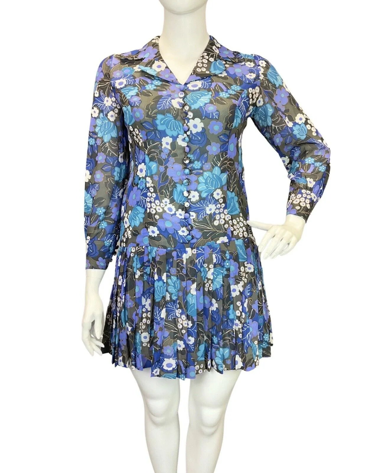 VINTAGE 60s 70s BLUE GREY BLACK FLORAL SHEER PLEATED MOD DROP-WAIST DRESS 14 16